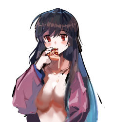 Rule 34 | 1girl, blush, boku no kanojo wa ningyohime!?, brown hair, cheese, dripping, eating, food, food on body, food on breasts, hair between eyes, highres, holding, holding food, koma ion, long hair, looking at viewer, nunvora, painterly, pizza, red eyes, simple background, sketch, solo, talesshop, upper body, white background
