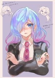 Rule 34 | annoimooisii, bhima (fate), black jacket, cerejeira elron, command spell, fate/grand order, fate (series), hair over one eye, highres, jacket, looking at viewer, multicolored hair, necktie, open clothes, open jacket, purple lips, purple necktie, skirt, skull ring, white skirt