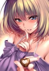 Rule 34 | 1girl, absurdres, bare shoulders, blue eyes, blush, brown hair, collarbone, finger to mouth, green eyes, highres, holding, idolmaster, idolmaster cinderella girls, index finger raised, lips, long sleeves, looking at viewer, mole, mole under eye, parted lips, piromizu, scan, short hair, shushing, simple background, smile, solo, takagaki kaede, upper body