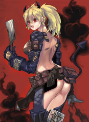 Rule 34 | 1girl, :d, apron, armor, ass, bare back, blonde hair, chaps, demon horns, demon tail, dorohedoro, from behind, gloves, highres, holding, horns, jun bedos, long hair, looking at viewer, naked apron, nikaidou (dorohedoro), no panties, open mouth, ponytail, red eyes, revealing clothes, smile, smoke, solo, spatula, tail