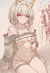 1girl animal_ear_fluff animal_ears arknights bare_shoulders bikini black_jacket breasts cat_ears cat_girl closed_mouth green_bikini green_eyes highres jacket kal&#039;tsit_(arknights) looking_at_viewer medium_breasts navel off_shoulder open_clothes open_jacket short_hair sitting solo stomach suujiniku swimsuit thigh_strap thighs white_hair