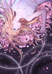 Rule 34 | 1girl, blonde hair, blue eyes, bug (yue391671435), check commentary, cherry blossoms, collarbone, commentary request, dress, hand on own stomach, highres, long hair, lying, miyazono kawori, shigatsu wa kimi no uso, white dress