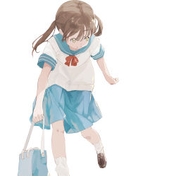 Rule 34 | 1girl, absurdres, arms at sides, bag, beige sweater vest, blue sailor collar, blue skirt, blunt bangs, brown footwear, brown hair, brown sweater vest, closed mouth, dot nose, facing viewer, flat chest, floating hair, foot out of frame, from above, happy, highres, holding, holding bag, kawamoto hinata, light blush, loafers, looking to the side, loose socks, neck ribbon, nyora (soredemosekai), pleated skirt, red ribbon, ribbon, sailor collar, sangatsu no lion, school bag, school uniform, shoes, short sleeves, sidelighting, simple background, skirt, smile, socks, solo, standing, sweater vest, tareme, twintails, uniform, walking, white background, white socks, yellow eyes