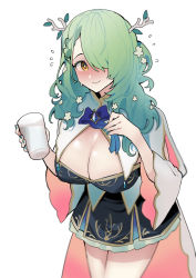 Rule 34 | 1girl, antlers, blue ribbon, blush, braid, breasts, cape, ceres fauna, cleavage, cup, dismassd, dress, drinking glass, green hair, hair over one eye, highres, hololive, hololive english, horns, large breasts, long hair, milk, ribbon, single braid, solo, virtual youtuber, white cape, white dress, yellow eyes