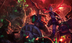 Rule 34 | 1girl, 3boys, :d, bad source, black shorts, brand (league of legends), brown gloves, chain-link fence, child, colored skin, fence, gatling gun, gloves, green skin, grin, gun, holding, holding gun, holding polearm, holding shield, holding weapon, jinx (league of legends), league of legends, long hair, long sleeves, mask, medium hair, minigun, multiple boys, nunu (league of legends), official art, open mouth, pantheon (league of legends), polearm, red hair, shield, shorts, smile, teeth, weapon, willump, zombie brand, zombie nunu, zombie slayer jinx, zombie slayer pantheon