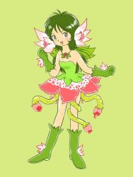 Rule 34 | 1girl, boots, breasts, flower, food, fruit, green eyes, green footwear, green hair, hand up, long hair, matching hair/eyes, melon, monster girl, plant girl, pukao, small breasts, solo, standing