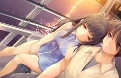 Rule 34 | 1boy, 1girl, bare legs, black hair, blue dress, blue eyes, blush, breasts, city, closed mouth, collared shirt, dress, evening, game cg, happy, head rest, highres, ishikei, legs, legs together, long hair, looking away, love cube, medium breasts, outdoors, red eyes, river, shirt, shitaka iori, sitting, sleeveless, sleeveless dress, smile, thighs, water