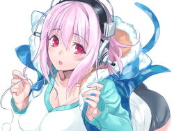 Rule 34 | 1girl, blush, breasts, cleavage, headphones, nana g, nitroplus, open mouth, pink eyes, pink hair, solo, super sonico