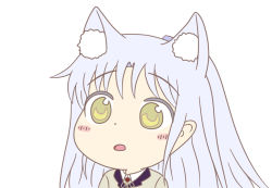 Rule 34 | 1girl, angel beats!, animal ears, blush, cat ears, commentary, commentary request, cowlick, from side, gyate gyate, hair ornament, hairclip, jacket, key (company), long hair, looking to the side, neck ribbon, open mouth, ribbon, school uniform, shirt, silver hair, simple background, solo, taeminhyeon, tenshi (angel beats!), upper body, white background, white shirt, yellow eyes