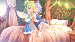 Rule 34 | 2girls, absurdres, ascot, bed, blue dress, blue hair, bobby socks, book, book stack, bow, breasts, cirno, collared shirt, commentary, daiyousei, drawer, dress, drooling, fairy wings, feet, feet out of frame, green hair, hair bow, highres, ice, ice wings, indoors, jiege, knitting, long hair, looking down, multiple girls, neck ribbon, on bed, open mouth, ponytail, red ribbon, ribbon, shirt, short hair, sitting, sleeping, small breasts, socks, touhou, tree, white legwear, white shirt, wings, yellow bow, yellow neckwear