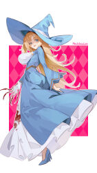 1girl blonde_hair blue_eyes blue_hat blue_jacket dress hat highres hime_hajime jacket long_hair looking_at_viewer looking_back necklesslee official_alternate_costume official_art open_mouth power_symbol_hair_ornament smile solo virtual_youtuber vshojo white_dress witch witch_hat