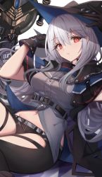 Rule 34 | 1girl, arknights, arms up, ascot, belt, black belt, black cape, black gloves, black hat, black pants, breasts, cape, clothing cutout, gloves, grey ascot, grey shirt, hair between eyes, hat, highres, large breasts, long hair, looking at viewer, midriff, navel, pants, parted lips, red eyes, shirt, silver hair, sitting, skadi (arknights), solo, stratoz, sword, thigh cutout, weapon