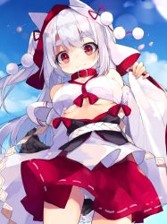 Rule 34 | animal ears, azur lane, breasts, collar, detached sleeves, dog ears, dog girl, dog tail, dress, japanese clothes, kamizaki hibana, nail polish, pleated skirt, red eyes, red nails, short eyebrows, silver hair, skirt, solo, tail, thick eyebrows, underboob, upskirt, wedding dress, yuudachi (azur lane), yuudachi (the bride of solomon) (azur lane)