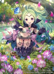 Rule 34 | 1girl, boots, bow, cape, circlet, dragonstone, fire emblem, fire emblem awakening, fire emblem cipher, flat chest, garter straps, green hair, heart, heart necklace, high collar, kawasumi mahiro, kneeling, md5 mismatch, midriff, necklace, nintendo, nowi (fire emblem), official art, outdoors, pink bow, pointy ears, ponytail, purple cape, purple eyes, short shorts, shorts, thigh boots, thighhighs