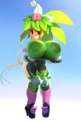 Rule 34 | 1girl, absurdres, blaster master zero, blaster master zero 2, blush stickers, bodysuit, bouncing breasts, breasts, catsuit, cleft of venus, colored skin, flower, flower on head, full-length zipper, goggles, goggles on head, gradient background, green hair, green skin, high collar, highres, huge breasts, kanna (blaster master zero), large areolae, monster girl, mystical (plantpenetrator), nipples, solo, tail, thick thighs, thigh strap, thighs, unzipped, white background, zipper