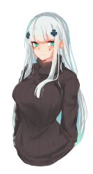 Rule 34 | 1girl, bad id, bad pixiv id, black sweater, blush, breasts, casual, closed mouth, commentary request, cropped torso, facial hair, girls&#039; frontline, green eyes, hair ornament, highres, hk416 (girls&#039; frontline), inniyik, long hair, long sleeves, looking at viewer, medium breasts, ribbed sweater, sidelocks, silver hair, simple background, solo, sweater, upper body, very long hair, white background