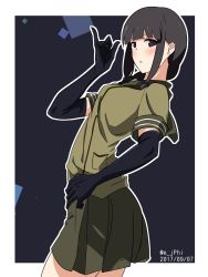 Rule 34 | 1girl, \m/, arched back, black gloves, blue background, border, brown hair, closed mouth, dated, elbow gloves, gloves, hand on own hip, hand up, highres, kantai collection, kitakami (kancolle), leaning back, letterboxed, long hair, looking at viewer, outline, outside border, purple eyes, sidelocks, simple background, skirt, solo, twitter username, vi3r6ein, white border, white outline