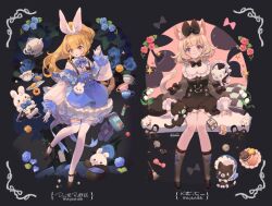 Rule 34 | 2girls, :o, animal ears, animal on arm, apron, bell, black background, black bow, black bowtie, black cape, black cat, black dress, black footwear, black headwear, black ribbon, blonde hair, blue apron, blue bow, blue bowtie, blue dress, blue eyes, blue headwear, blush stickers, bonnet, bottle, bow, bowtie, buttons, cape, cat, cat ears, cat tail, center frills, cherry, chocolate chip cookie, closed mouth, collar, collared dress, commentary, cookie, cup, dress, english commentary, english text, eyelashes, fake animal ears, fashion, floral print, flower, food, footwear bow, frilled cape, frilled collar, frilled dress, frilled headwear, frilled sleeves, frills, fruit, full body, gloves, grey sleeves, grey socks, hair bow, hairband, hand up, hat, hat bow, high collar, high ponytail, kneehighs, lace, lace-trimmed dress, lace trim, layered dress, layered sleeves, leaf, lily of the valley, long hair, long sleeves, looking at viewer, monocle, multiple girls, open mouth, original, petticoat, pillow, plaid, plaid dress, plate, puffy long sleeves, puffy sleeves, rabbit, rabbit brooch, rabbit ears, red bow, red flower, red rose, ribbon, rose, shoes, short dress, short hair, short over long sleeves, short sleeves, sitting, sleeve bow, smile, socks, solid circle eyes, sparkle, star (symbol), suspenders, tail, teacup, teapot, thighhighs, top hat, toy block, vial, welchino, white bow, white bowtie, white collar, white dress, white eyes, white flower, white gloves, white hairband, white thighhighs, white wrist cuffs, wrist cuffs, yellow eyes