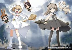 Rule 34 | 4girls, :d, alina (girls und panzer), alternate costume, animal ears, animal hands, arm up, bandages, black dress, black footwear, black gloves, black ribbon, black skirt, black socks, black thighhighs, blonde hair, blue eyes, boko (girls und panzer), brown eyes, brown hair, brown headwear, chibi, closed mouth, cloud, cloudy sky, commentary request, copyright name, day, dress, elbow gloves, fang, fingerless gloves, floating, fur hat, girls und panzer, gloves, green jacket, grey sky, haiiro purin, hair ribbon, hat, highres, holding, holding behind back, holding weapon, jacket, jumpsuit, katyusha (girls und panzer), kemonomimi mode, kneehighs, light brown hair, long hair, long sleeves, looking at viewer, magical girl, medium dress, military, military vehicle, motor vehicle, multiple girls, nina (girls und panzer), official alternate costume, official art, on vehicle, one side up, open mouth, outdoors, overskirt, paw gloves, pleated skirt, rabbit ears, rabbit tail, ribbon, rocket launcher, school uniform, shimada arisu, shoes, short hair, short jumpsuit, short twintails, skirt, sky, sleeveless, sleeveless dress, sleeveless jumpsuit, smile, socks, standing, stuffed animal, stuffed toy, sunlight, t-34, t-34-85, tail, tank, teddy bear, thighhighs, tree, twintails, ushanka, watermark, weapon, white footwear, white gloves, white jumpsuit, white legwear, white skirt, wrist cuffs