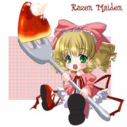 Rule 34 | 00s, 1girl, blonde hair, bow, copyright name, food, fork, fruit, green eyes, hair bow, hinaichigo, lowres, name connection, object namesake, oversized object, rozen maiden, strawberry