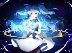 Rule 34 | 1girl, aqua hair, blue eyes, character request, copyright name, cowboy shot, forehead jewel, gem, gloves, highres, long hair, lord of heroes, seoki (hi3031), sidelocks, solo, star (symbol), starry background, two side up, white gloves