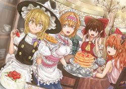 Rule 34 | 4girls, alice margatroid, apron, ascot, black headwear, black vest, blonde hair, blue dress, blue skirt, bow, braid, breasts, brown eyes, brown hair, buttons, cake, capelet, chair, chandelier, closed mouth, collared capelet, commentary request, cookie, cookie (touhou), cowboy shot, cup, day, decorating, detached sleeves, dress, dutch angle, food, fork, frilled apron, frills, fruit, hair between eyes, hair bow, hairband, hakurei reimu, hat, hat bow, hinase (cookie), holding, holding fork, holding knife, ibuki suika, icing, indoors, kirisame marisa, knife, large breasts, long hair, looking at another, looking down, medium hair, multiple girls, open mouth, orange hair, pancake, pie, pink hairband, plate, puffy short sleeves, puffy sleeves, purple bow, red bow, red eyes, red shirt, reu (cookie), ribbon-trimmed sleeves, ribbon trim, saucer, shirt, short sleeves, side braid, single braid, skirt, sleeveless, sleeveless shirt, small breasts, smile, strawberry, sunset, table, teacup, teapot, touhou, uzuki (cookie), vest, white apron, white bow, white capelet, white shirt, white sleeves, witch hat, yamin (cookie), yellow ascot, yellow eyes, yma