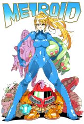 Rule 34 | 1girl, blonde hair, blue bodysuit, blue eyes, blush, bodysuit, breasts, full body, high ponytail, highres, impossible bodysuit, impossible clothes, kafun, long hair, looking at viewer, metroid, metroid (creature), mole, mole under mouth, nintendo, ponytail, ridley, samus aran, shiny clothes, simple background, skin tight, solo, stuffed animal, stuffed toy, super smash bros., toy, varia suit, zero suit