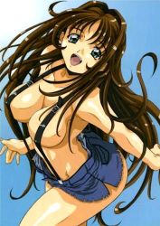 Rule 34 | 1girl, :d, amano yoki, breasts, brown hair, cleavage, covered erect nipples, denim, denim shorts, fang, fingernails, green eyes, hair intakes, jpeg artifacts, large breasts, long fingernails, long hair, naked suspenders, open fly, open mouth, parted bangs, revealing clothes, scan, short shorts, shorts, simple background, smile, solo, standing, suspenders, topless, unzipped, very long hair