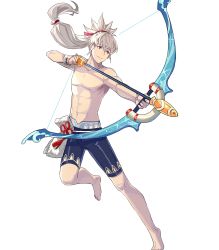 Rule 34 | 1boy, arrow (projectile), bow (weapon), fire emblem, fire emblem fates, fire emblem heroes, fujin yumi (fire emblem), full body, grey hair, highres, long hair, male focus, nintendo, official art, open mouth, ponytail, simple background, smile, solo, swimsuit, takumi (fire emblem), tobi (kotetsu), transparent background, weapon, yumi (bow)