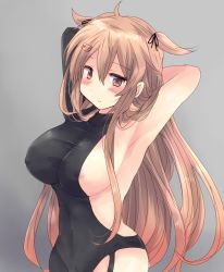 Rule 34 | 1girl, armpits, arms behind head, asymmetrical clothes, blonde hair, blush, bodysuit, breasts, commentary request, covered erect nipples, covered navel, grey background, hair between eyes, hair flaps, hair ornament, hair ribbon, hairclip, heterochromia, highres, hirune (konekonelkk), kantai collection, large breasts, long hair, looking at viewer, murasame (kancolle), orange hair, red eyes, revision, ribbon, simple background, solo, very long hair