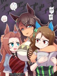 Rule 34 | !, !?, 3girls, animal ears, book, breasts, brown hair, delraich66, ear covers, hand on another&#039;s head, hand on another&#039;s neck, height difference, highres, holding, holding book, horse ears, horse girl, kawakami princess (umamusume), king halo (umamusume), large breasts, long hair, looking at another, menacing (jojo), multiple girls, red eyes, rigantona (umamusume), shaded face, speech bubble, umamusume, wavy hair