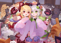 Rule 34 | 2girls, :d, :o, animal ears, animal hands, blonde hair, blush, cat, cat ears, cross-shaped pupils, dress, elf, fake animal ears, feet, flower, foot focus, full body, genshin impact, gloves, gradient hair, green dress, green eyes, green hair, hair between eyes, hair flower, hair ornament, hat, highres, klee (genshin impact), leaf hair ornament, long hair, long sleeves, multicolored hair, multiple girls, nahida (genshin impact), no shoes, open mouth, pantyhose, paw gloves, paw print soles, pet food, pointy ears, red dress, red eyes, revision, side ponytail, smile, soles, symbol-shaped pupils, thighband pantyhose, toes, tsubasa tsubasa, white hair, white pantyhose