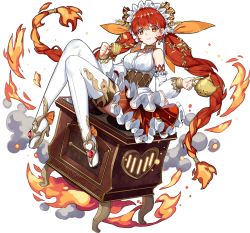 Rule 34 | 1girl, ark order, bare shoulders, blush, bow, braid, cup, detached sleeves, fire, frilled skirt, frills, full body, gem, gold footwear, greetload, hair bow, hestia (ark order), holding, holding cup, holding teapot, jewelry, layered skirt, long sleeves, looking at viewer, maid headdress, necklace, official art, orange eyes, orange skirt, puffy long sleeves, puffy sleeves, red gemstone, red hair, sandals, shirt, sitting, skirt, smile, solo, stove, tachi-e, teapot, thighhighs, transparent background, twin braids, white shirt, white thighhighs, yellow bow, zettai ryouiki