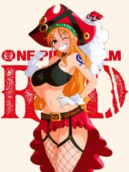 Rule 34 | 1girl, absurdres, blinking, breasts, curvy, female focus, gloves, hand on own hip, hat, highres, large breasts, midriff, nami (one piece), naughty face, navel, official alternate costume, one piece, one piece film: red, orange eyes, orange hair, pirate costume, pirate hat, smile, solo, tattoo, thighhighs, underboob, wide hips
