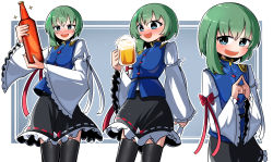 Rule 34 | 1girl, absurdres, alcohol, asymmetrical hair, beer, beer mug, black skirt, black thighhighs, blue eyes, blue vest, blush, bottle, bow, breasts, buttons, commentary, cowboy shot, cup, drunk, epaulettes, green hair, highres, index fingers together, long sleeves, looking at viewer, mug, multiple views, no headwear, open mouth, red bow, ribbon-trimmed skirt, ribbon trim, shiki eiki, shirt, short hair, sidelocks, skirt, sleeve bow, small breasts, smile, spam (spamham4506), thighhighs, touhou, vest, white bow, white shirt, wide sleeves, wine bottle, zettai ryouiki