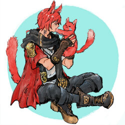 Rule 34 | &gt; &lt;, 1boy, animal, animal ears, animalization, archon mark, black pants, black scarf, boots, brown footwear, cape, cat, cat ears, cat tail, final fantasy, final fantasy xiv, from side, g&#039;raha tia, holding, holding animal, holding cat, indian style, itowo (itowc), male focus, miqo&#039;te, neck tattoo, pants, red cape, red eyes, red hair, scarf, shirt, sitting, solo, tail, tattoo, white shirt
