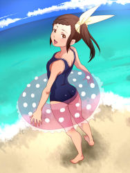 Rule 34 | 10s, 1girl, @@@, bad id, bad pixiv id, barefoot, beach, blush, bow, braid, braided bangs, brown eyes, brown hair, casual one-piece swimsuit, day, from above, hair bow, hair ornament, hairclip, innertube, kaburagi kaede, one-piece swimsuit, school swimsuit, side ponytail, solo, swim ring, swim tube, swimsuit, tiger &amp; bunny