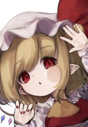 Rule 34 | 1girl, against fourth wall, blonde hair, blouse, bow, crystal, fang, fingernails, flandre scarlet, frilled shirt collar, frills, hat, highres, looking at viewer, mizuhichi, mob cap, nail polish, parted lips, pointy ears, puffy sleeves, red eyes, red nails, red vest, shirt, simple background, solo, touhou, triangle mouth, vest, white background, white hat, white shirt, wings, ||/