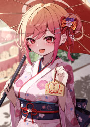 1girl absurdres akuame_(ring3922) ema hair_bun hair_ornament hairclip highres holding holding_umbrella hololive ichijou_ririka japanese_clothes kanzashi kimono long_sleeves looking_at_viewer multicolored_hair new_year obi oil-paper_umbrella open_mouth orange_hair pink_eyes sash single_side_bun smile solo translation_request umbrella virtual_youtuber