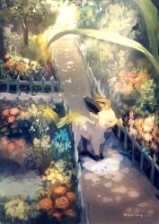 Rule 34 | bad id, bad pixiv id, commentary request, creatures (company), closed eyes, fence, flower, from side, game freak, gen 4 pokemon, leafeon, light rays, manino (mofuritaionaka), nintendo, no humans, outdoors, pokemon, pokemon (creature), scenery, smelling flower