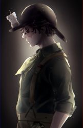 Rule 34 | 1boy, absurdres, black background, black eyes, black headwear, brown pants, button eyes, buttons, candle, highres, identity v, nappo73, norton campbell, pants, profile, scar, scar on face, shirt, solo, standing, suspenders