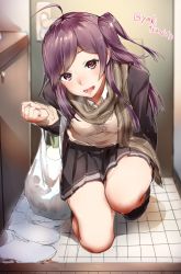 Rule 34 | 10s, 1girl, :d, ahoge, artist name, bag, black footwear, black jacket, black skirt, blush, brown scarf, collared shirt, door, food, groceries, grocery bag, hagikaze (kancolle), head tilt, indoors, jacket, kantai collection, long hair, long sleeves, looking at viewer, one side up, open clothes, open jacket, open mouth, plastic bag, pleated skirt, purple eyes, purple hair, scarf, shirt, shoes, unworn shoes, shopping bag, skirt, smile, solo, sweat, vegetable, white footwear, white shirt, yakitomato