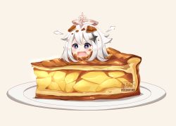 Rule 34 | 1girl, apple pie, ardenlolo, artist name, blush, cake, cake slice, commentary, emergency food, english commentary, food, food on hair, genshin impact, halo, in food, long hair, looking down, mini person, minigirl, open mouth, paid reward available, paimon (genshin impact), pie, pie slice, plate, pun, purple eyes, silver hair, simple background, solo, twitter logo, twitter username, v-shaped eyebrows, white background