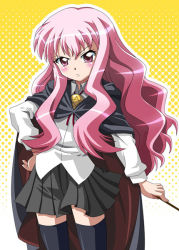 Rule 34 | 00s, 1girl, blush, cape, dress shirt, hand on own hip, holding, holding wand, jewelry, long hair, long sleeves, louise francoise le blanc de la valliere, macaroni hourensou, necklace, pentacle, pink eyes, pink hair, pleated skirt, shirt, skirt, solo, thighhighs, wand, zero no tsukaima
