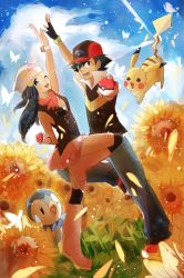 Rule 34 | 1boy, 1girl, absurdres, arms up, ash ketchum, beanie, black footwear, black gloves, black hair, black socks, blue eyes, blue hair, blue pants, boots, brown hair, cloud, cloudy sky, creatures (company), dawn (pokemon), day, dutch angle, fingerless gloves, flower, game freak, gen 1 pokemon, gen 4 pokemon, gloves, hair ornament, hairpin, hands up, hat, highres, holding, holding poke ball, kneehighs, leg up, long hair, looking at viewer, miniskirt, nintendo, outdoors, outstretched arms, pants, pikachu, pink footwear, pink hair, pink scarf, piplup, pleated skirt, poke ball, pokemon, pokemon (anime), pokemon (creature), pokemon dppt (anime), poketch, red headwear, scarf, shirt, shoes, short hair, skirt, sky, sleeveless, sleeveless shirt, socks, spiked hair, sunflower, watch, wristwatch