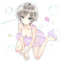 Rule 34 | 10s, 1girl, anastasia (idolmaster), aqua eyes, barefoot, breasts, camisole, character name, cleavage, collarbone, downblouse, dress, from above, idolmaster, idolmaster cinderella girls, looking at viewer, looking up, shoes, unworn shoes, short hair, silver hair, sitting, solo, tsukigami runa, v arms, wariza