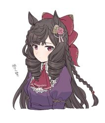 Rule 34 | 1girl, animal ears, ascot, bow, breasts, brown hair, closed mouth, collared shirt, cropped torso, daiichi ruby (umamusume), dress, drill hair, expressionless, hair bow, horse ears, juliet sleeves, long hair, long sleeves, looking at viewer, puffy sleeves, purple dress, red ascot, red bow, red eyes, shirt, simple background, small breasts, solo, teshima nari, twin drills, umamusume, upper body, white background, white shirt