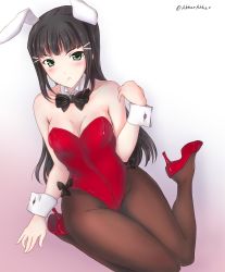 Rule 34 | 10s, 1girl, absurdres, ahharahhar, animal ears, bad id, bad pixiv id, black hair, blush, bow, bowtie, curvy, detached collar, fake animal ears, fishnet pantyhose, fishnets, gradient background, green eyes, hair ornament, high heels, highres, kurosawa dia, leotard, long hair, looking at viewer, love live!, love live! school idol festival, love live! sunshine!!, md5 mismatch, mole, mole under mouth, pantyhose, playboy bunny, rabbit ears, red footwear, simple background, sitting, solo, thighs, wariza, wide hips, wrist cuffs