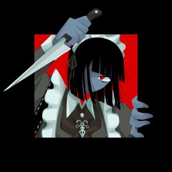 Rule 34 | 1girl, ascot, black ascot, black border, black hair, border, brooch, highres, jewelry, limbus company, limited palette, looking at viewer, maid, maid headdress, no 710, outside border, project moon, red background, red eyes, ryoshu (project moon), short hair, solo