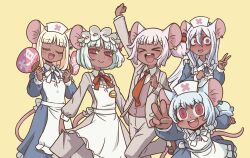 Rule 34 | &gt; &lt;, 5girls, animal ears, apron, arm up, blonde hair, blue dress, blue hair, blush, closed eyes, commentary request, constricted pupils, daikokuten (fate), dark-skinned female, dark skin, dress, fate/grand order, fate (series), formal, green hair, grey dress, hat, highres, long hair, looking at viewer, maid apron, maid headdress, mouse ears, mouse girl, mouse tail, multiple girls, neck ribbon, necktie, nervous, nurse, nurse cap, open mouth, pink hair, red eyes, red necktie, red ribbon, ribbon, riyo (lyomsnpmp), short hair, simple background, smile, suit, sweat, tail, v, vest, white hair, yellow background
